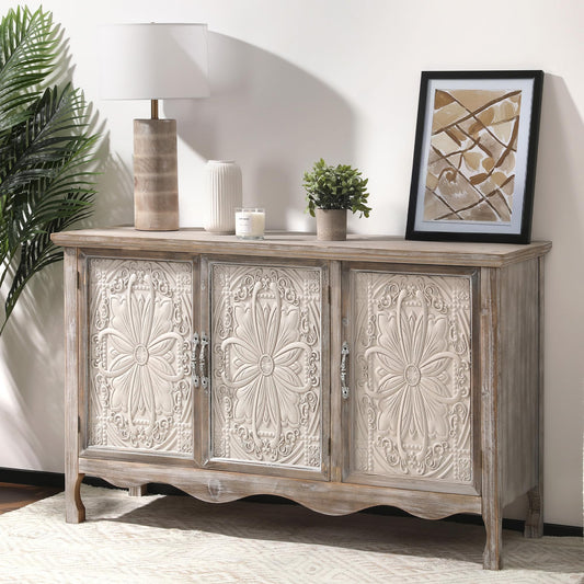 RoyalCraft Buffet Cabinet with Storage, Vintage Solid Wood Sideboard with 3 Carved Doors, Painted Coffee Bar Console Table for Dining Room, Living Room, Kitchen, Distressed Black