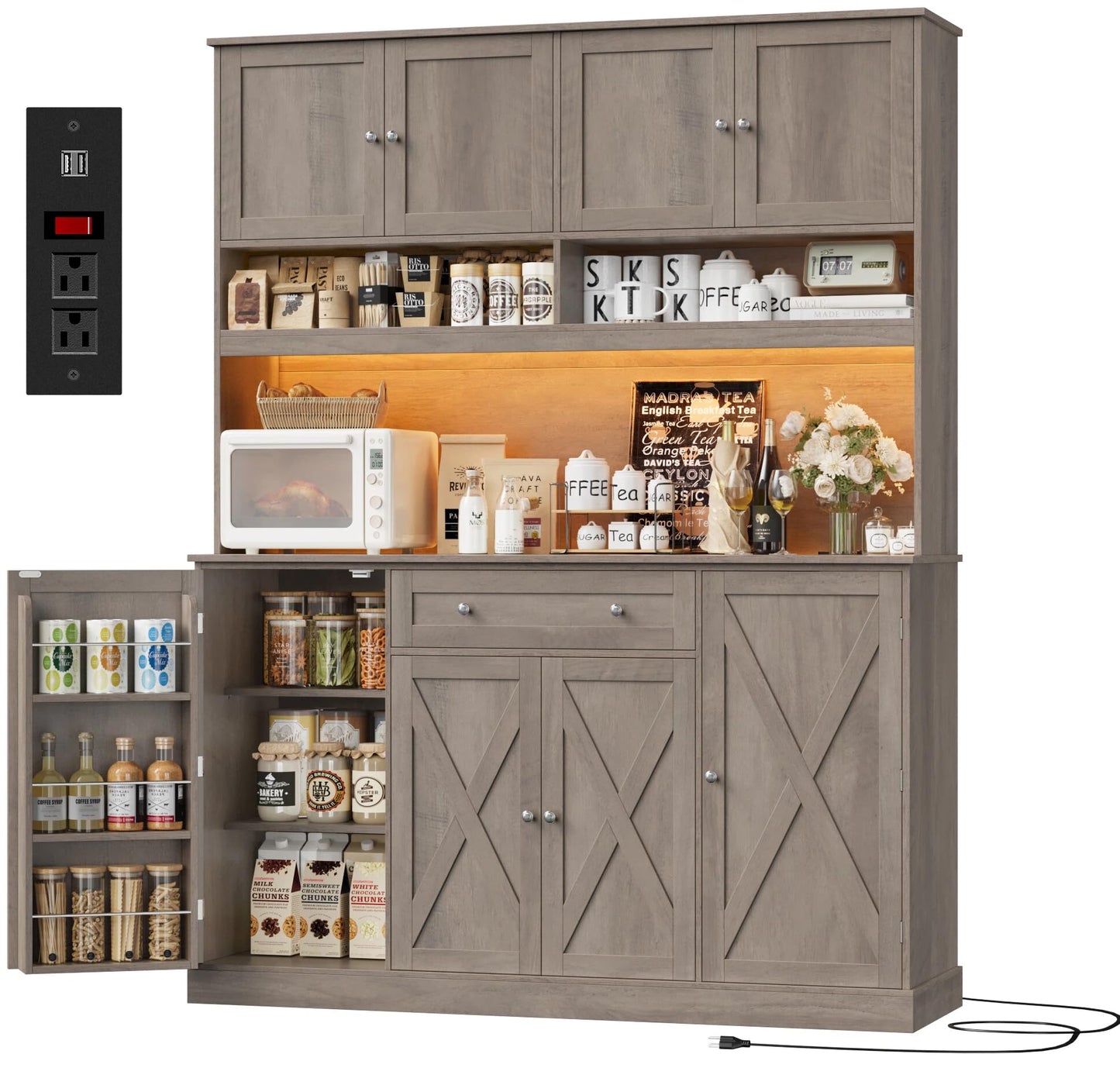 HIFIT 72.8” Tall Kitchen Pantry Cabinet with LED & Charging Station, 55” Wide Farmhouse Pantry Storage Cabinet with Microwave Stand&Shelves&Barn Doors, Kitchen Hutch Coffee Bar for Living Room, Grey