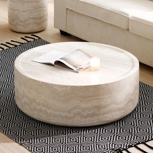 KEIKI 35" Round Fiberglass Coffee Table with Faux Mars Pattern, Modern Style Circle Coffee Table with Faux Travertine Textured, No Assembly Required, for Living Room, Bedroom, Reception Room, Marble