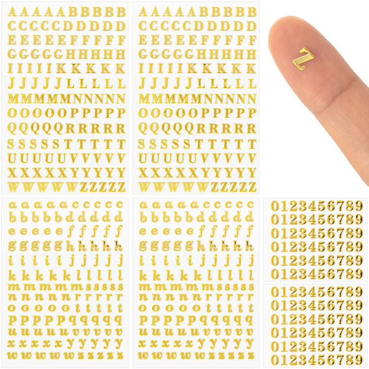 OIIKI 640pcs Small Metal Letter Number Stickers, 3D Self-Adhesive Mini Letter Stickers, 4.5mm Glitter Alphabet Number Decals Decoration Supplies for Scrapbook Nail Keyboard DIY Crafts- Gold