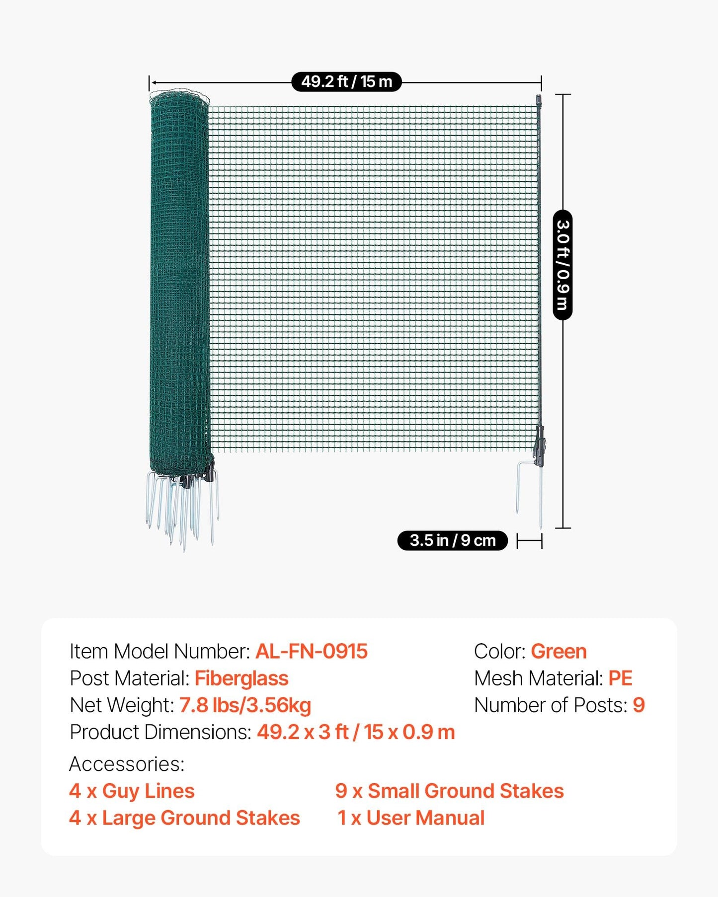 VEVOR Temporary Fence with Posts, 3 x 49.2 FT Plastic Mesh Fencing, Garden Safety Fences Netting with Double-Spike Stakes & Guy Ropes, Temporary Fence for Dogs, Chickens, Plants, Outdoor Yards