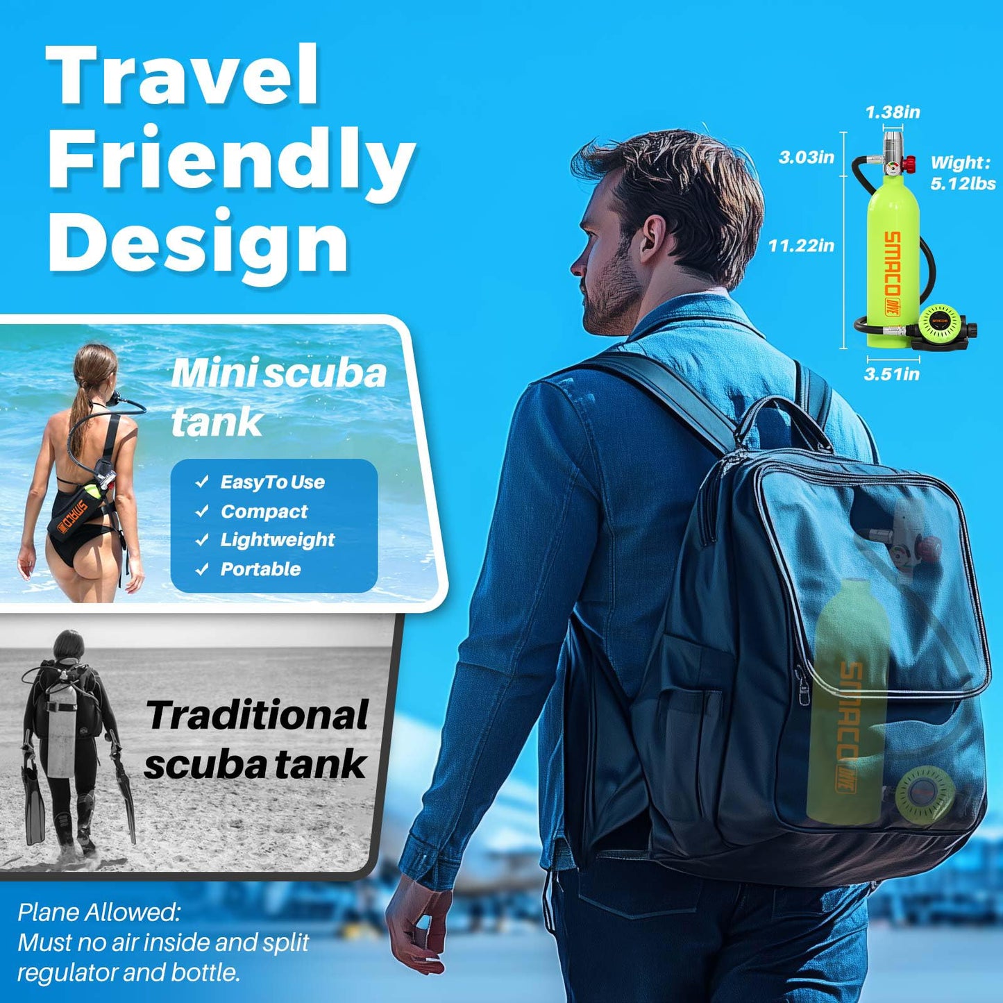 SMACO Mini Scuba Tank 1L Portable Diving Tank for for Underwater Breathing Reusable Scuba Diving Oxygen Cylinder Kit for Snorkeling &Emergency Rescue S400