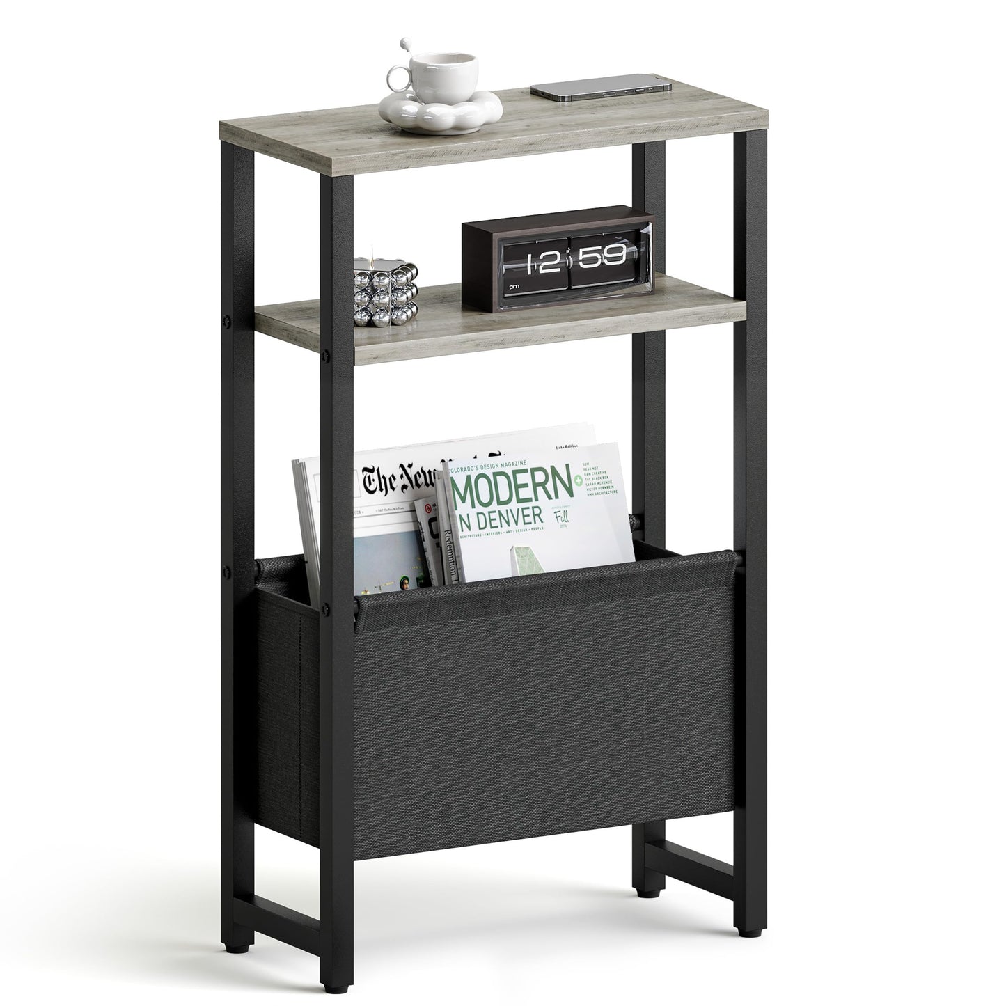 IRCPEN Narrow Side Table with Charging Station Slim End Table Sofa with Magazine Rack, Bedside Table for Small Spaces, 3 Tier Nightstand for Living Room Couch, Bedroom Oak Grey LET503QE