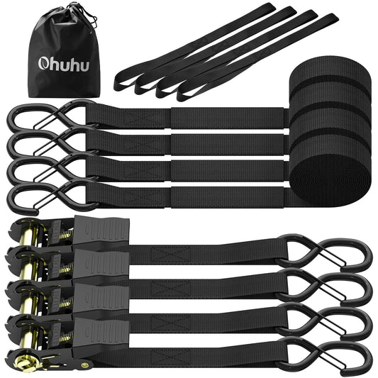 Ratchet Tie Down Straps with Safety Clip 4-Pack 1" x 15' & 4 Soft Loops - 500 lbs Load Cap 1500 lbs Breaking Limit, Ohuhu Ratchet Tie Downs Logistic Cargo Straps for Moving Appliances, Motorcycle