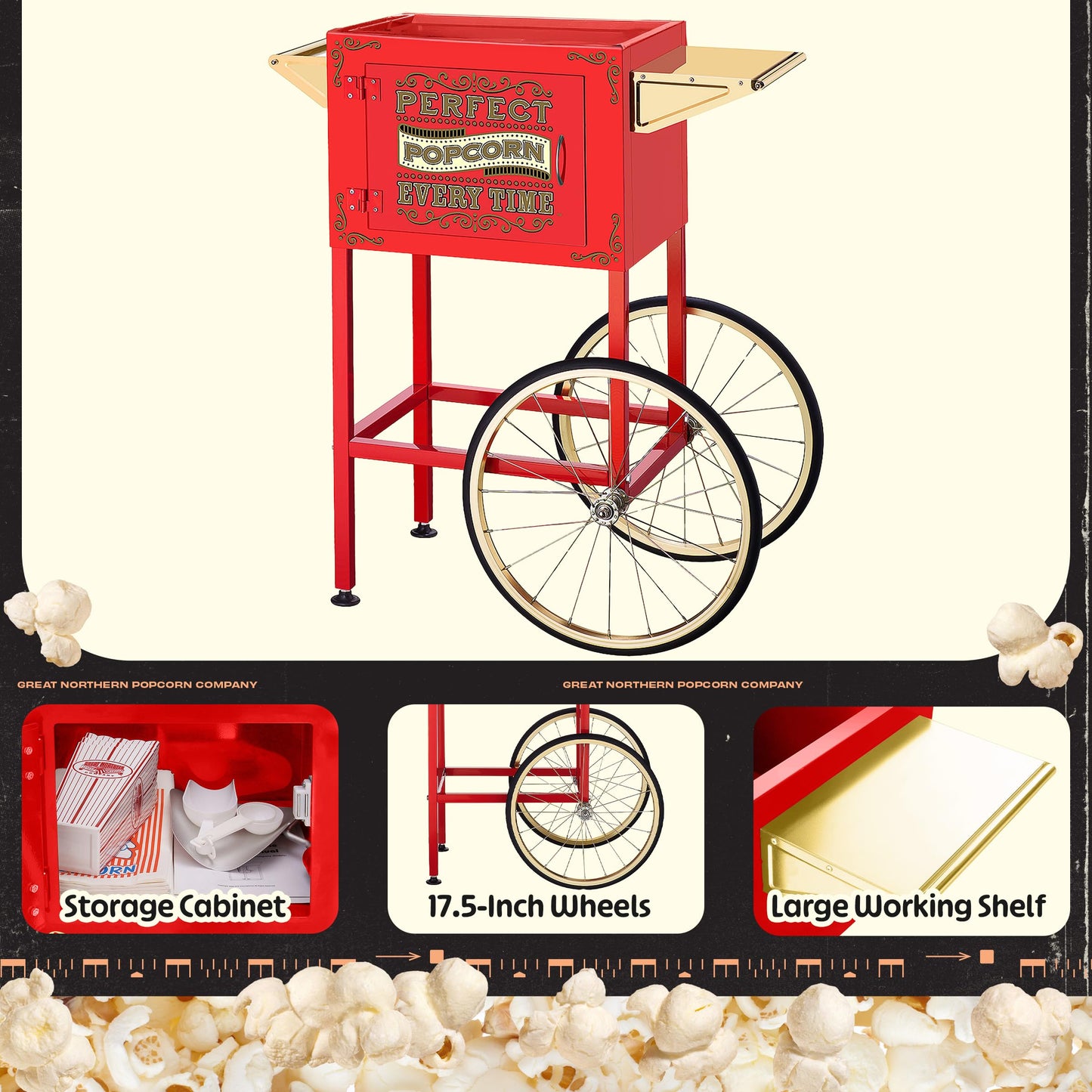 Great Northern Popcorn Company 5995 10 oz. Perfect Popper Popcorn Machine with Cart - Red (5995 GNP Red 10oz. Full)