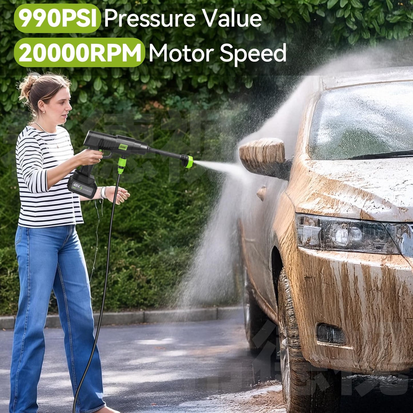 990PSI Portable Cordless Pressure Washer, Battery Powered Power Washer with 6-in-1 Nozzle, 10 Adjustable Levels Portable Pressure Washer, 33FT Hose Handheld Car Washer for Patio, Floor, Garden