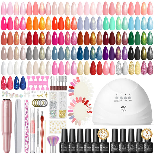 Peacecolor 65PCs Gel Nail Polish Kit with U V Light and Drill, 35 Colors Gel Nail Kit 5PCs Matte/Glossy/Glitter Top Base Coat Nail Rhinestones Manicure Tools Starter Kit Gifts for Women DIY