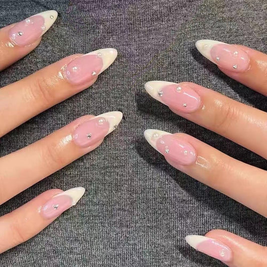 Handmade French Tip Press On Nails White Almond Reusable Stick On Nails in 10PCS - Fake Nail Kit for Women Gift, Classic (MT-101, S)