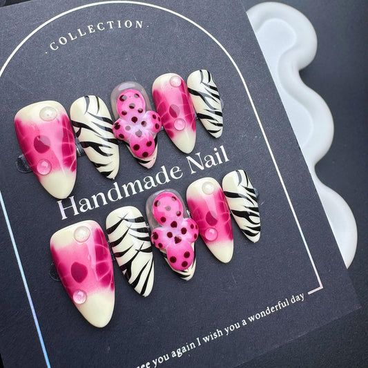 100% Handmade Press on Nails Medium Almond Handmade Nails with Rose Pink Flower Charm Design Glossy Ombre White Fake Nails Zebra-stripe Nail Press ons Reusable Spring Summer Nails for Women M 10Pcs