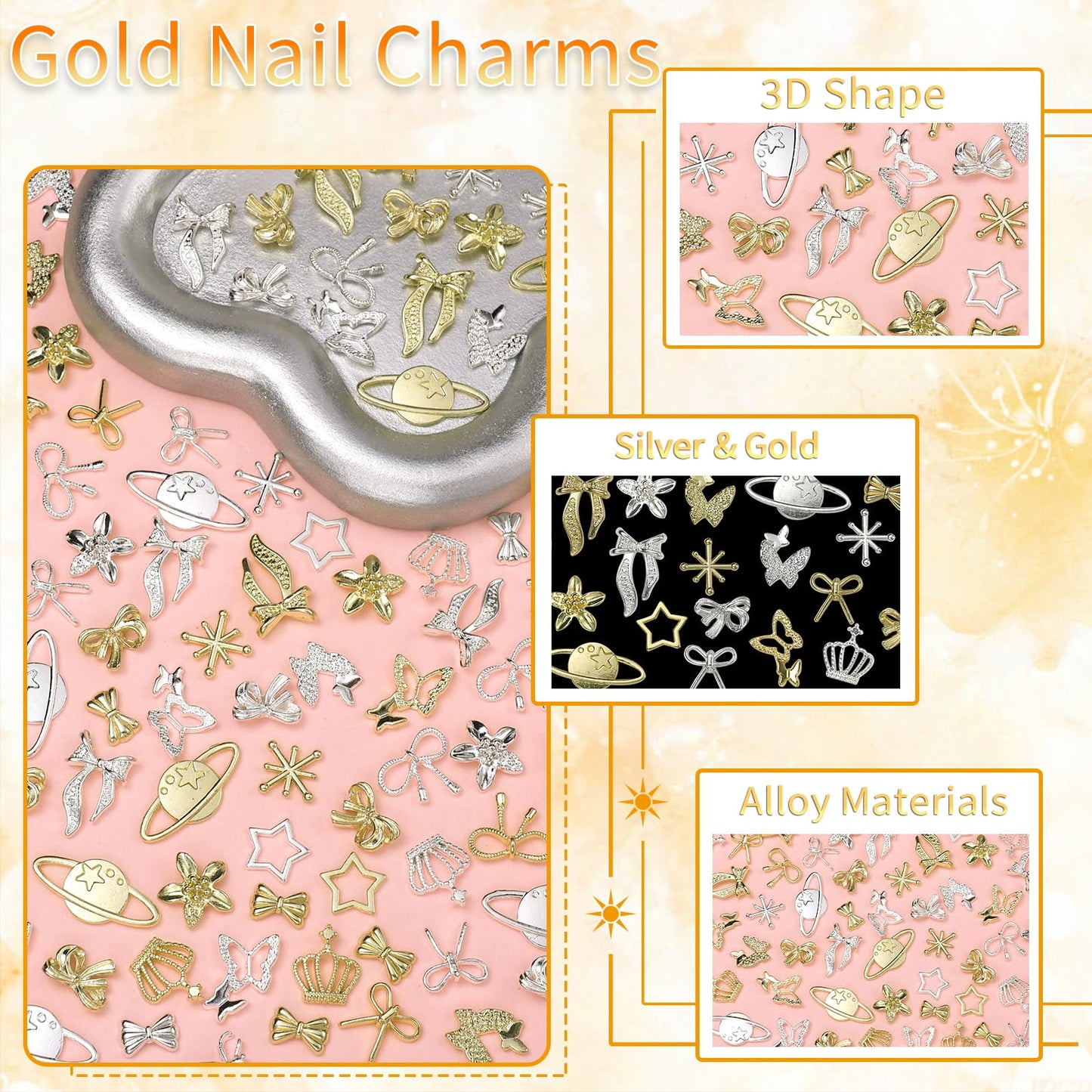240 Pcs Gold Silver Nail Charms Kit, 3D Crown Bows Cross Metal Nail Charms, Planet Star Dollar Alloy Nail Gold Charms Butterfly Nail Art Charms for Acrylic DIY Nails Designs