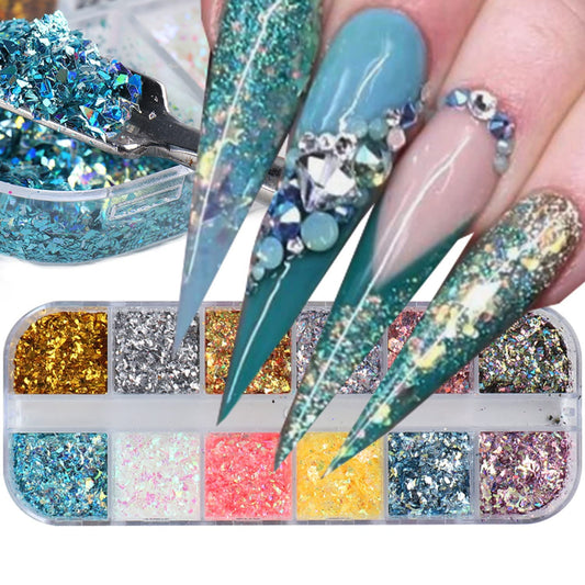 Holographic Glitter Nail Art Flakes, 12 Colors Irregular Sparkly Sequins Design, 3D Shiny Powder Acrylic Nails Supplies for Women Girls Manicure Charms Decorations, DIY Resin Tips
