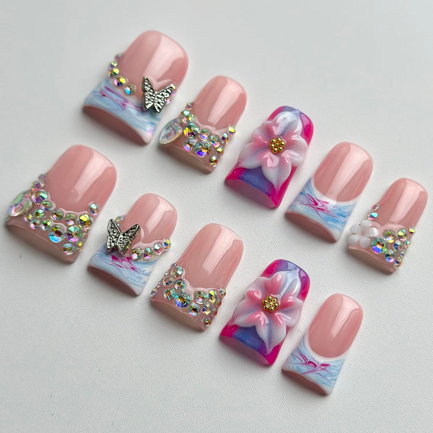 Luxury Press on Nails Short Duck Handmade 3D Unique Reusable ABS Material Fake Nails French Tip False Nails with Designs Flower Butterfly Blue Pink Glossy Glue on Nail Thick Acrylic Nail(S)