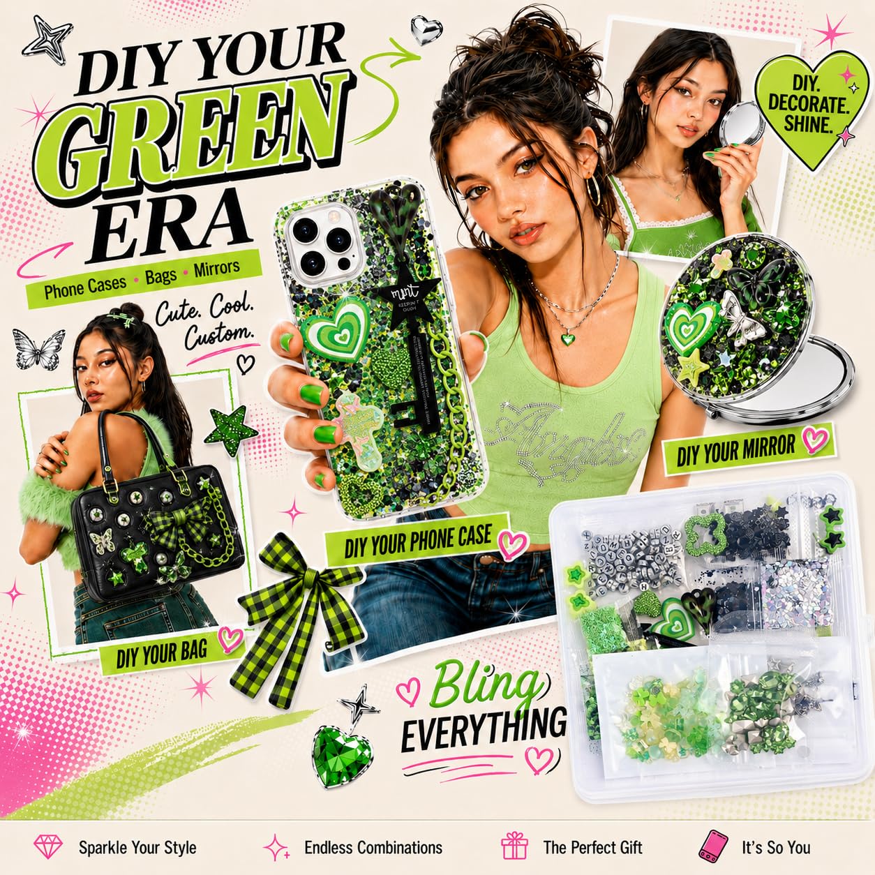 Prdingfy Green DIY Decoration Charms Kit, 3D Resin Flatback Charms with Stars, Starbursts, Flowers, Rhinestones, Moons & Bears for Phone Case Crafts & Nail Art Accessories