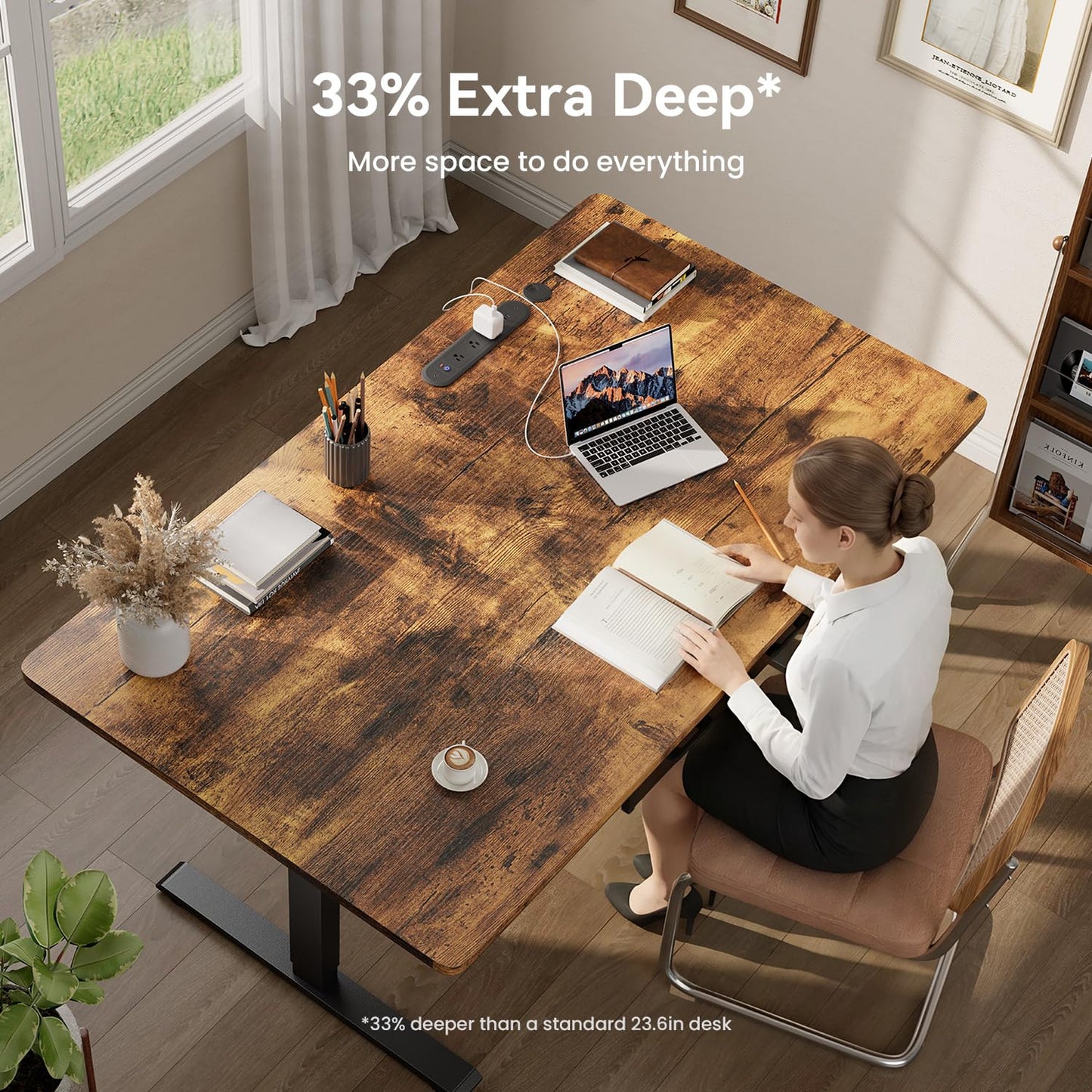HLDIRECT Electric Standing Desk, 47 x 31.5 Inches Height Adjustable Table with Outlets, Sit Stand Computer Desk with Drawers for Home Office, Ergonomic Rising Workstation, Rustic Brown