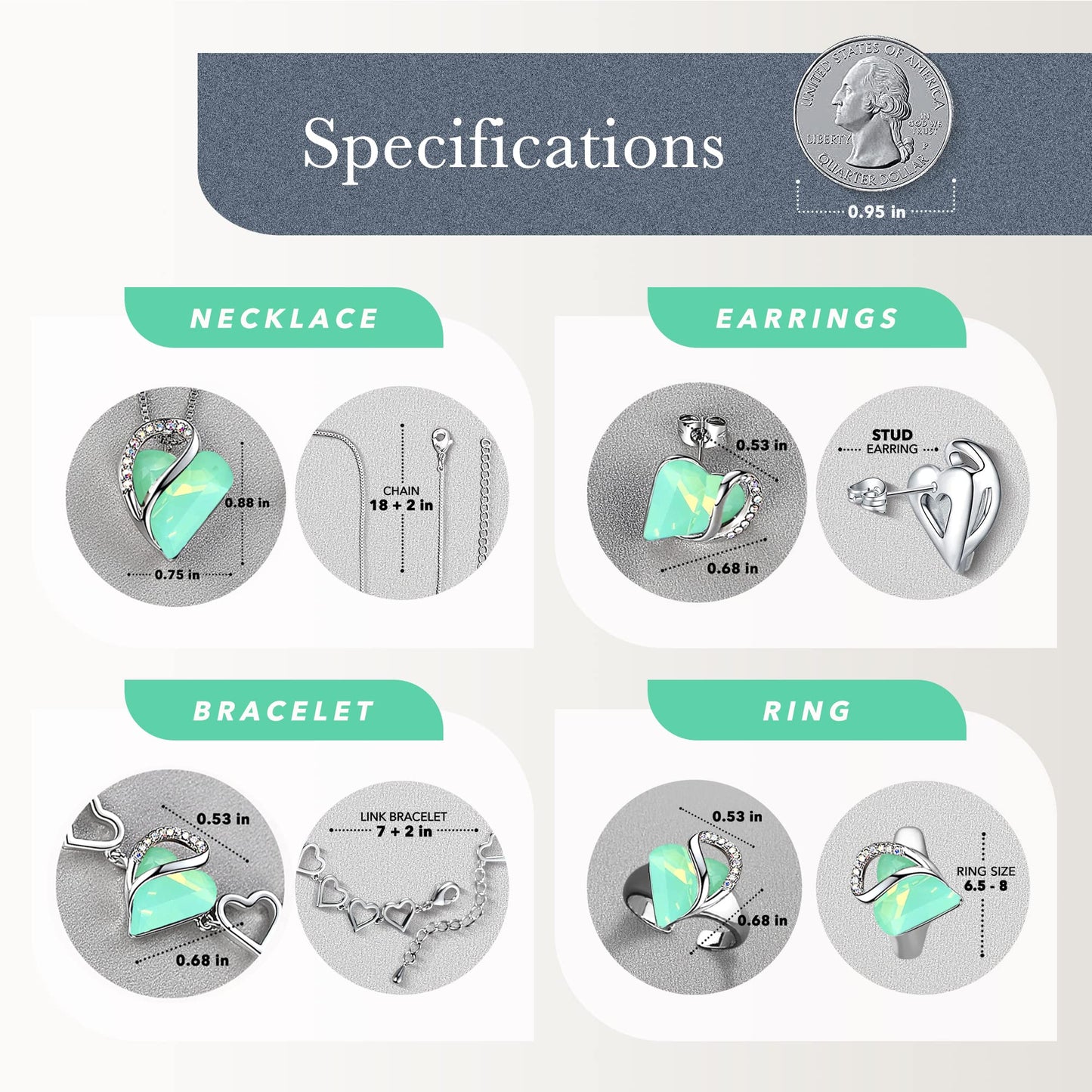 Leafael Infinity Love Heart Necklace, Stud Earrings, Bracelet, and Ring Set, Healing Stone for Luck Crystal Jewelry, Silver Tone Gifts for Women, Opal Green