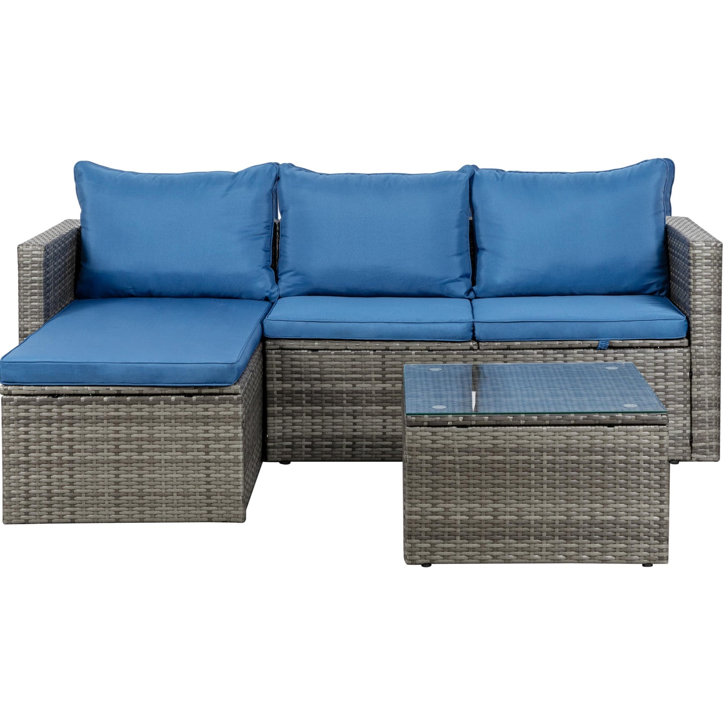 Shintenchi Outdoor Patio Furniture Sets, Small Outdoor Sofa Patio Sectional Sets 3-Piece All Weather Wicker Rattan Patio Seating Sofas with Glass Coffee Table and Cushion (Blue)