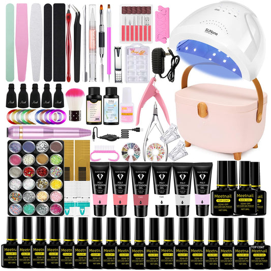 MeiBoes Gel Nail Polish Kit with 48W UV Lamp, 22pcs nail polish with Base Coat and Top coat, 6 Colors Extension Poly Nail Gel set，Nail Drill & More,Professional Manicure Tool for Home DIY Salon