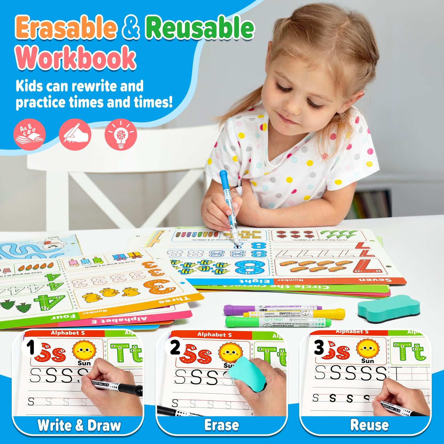 Dr.Rapeti Preschool Learning Activities Educational Workbook Busy Book 58 Pages Prek Montessori Handwriting Practice Activity Tracing Toy Early Learning Toy for Kids Toddlers for 3 years+