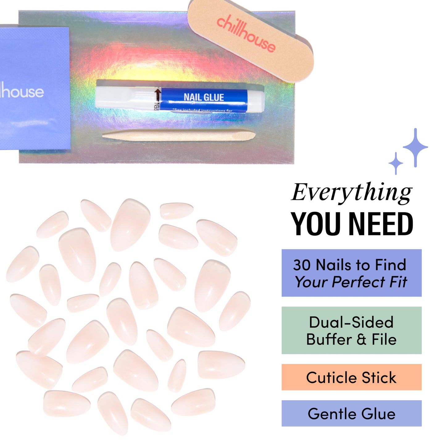 Chillhouse - Chill Tips, Press on Nails Kit - Scrubbed Down (Almond) - 30 Nail Shapes & Sizes - Up to 2 Weeks of Wear - Customizable - Reusable - Latina Founded & Women Owned - Beauty & Self Care