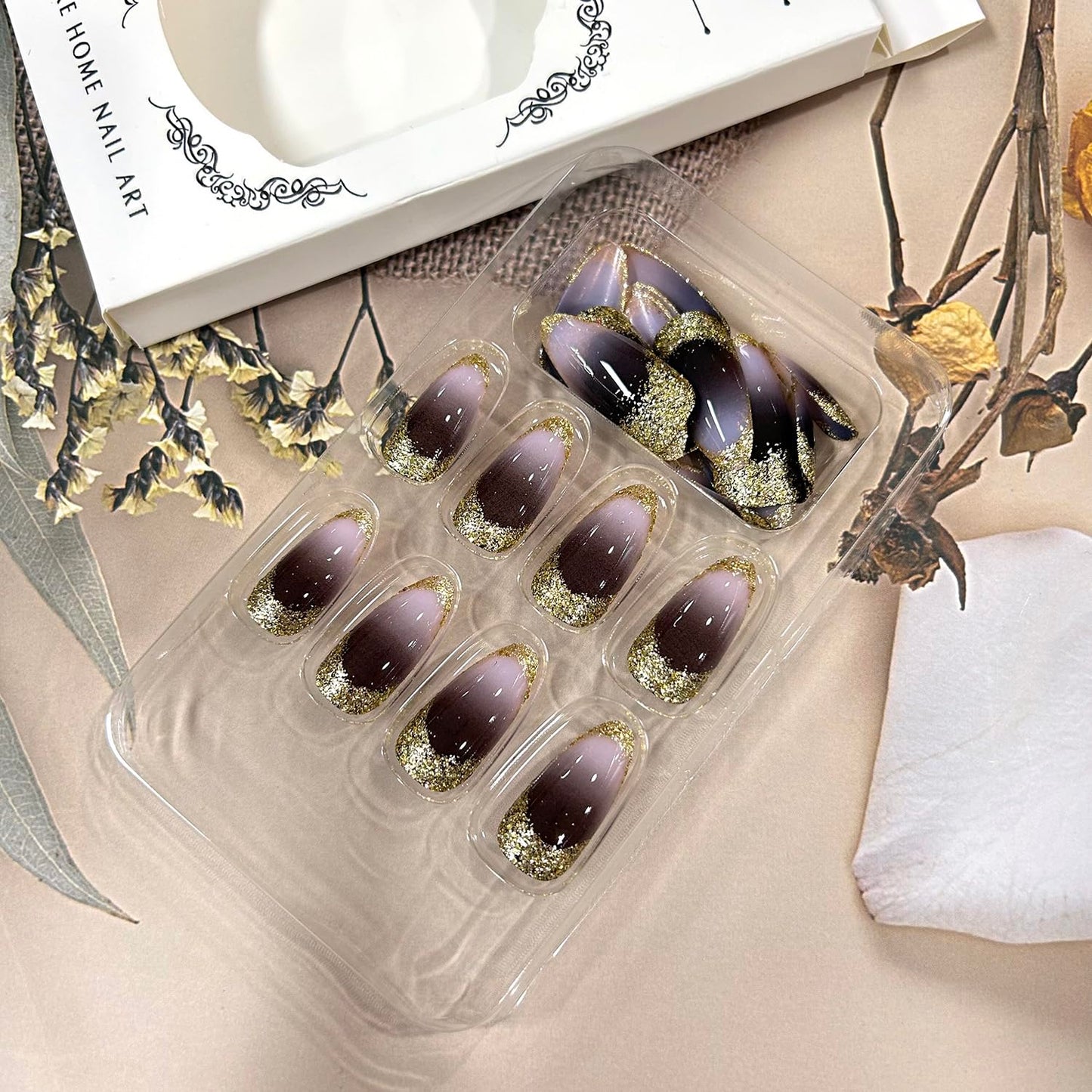 TBRZTR Brown Gradient Press on Nails Medium Almond Shaped Gold Glitter Powder Sequins Design Full Cover Press Ons False Nails Artificial Stick on Nail Acrylic Glossy Glue on Nails for Women 24Pcs