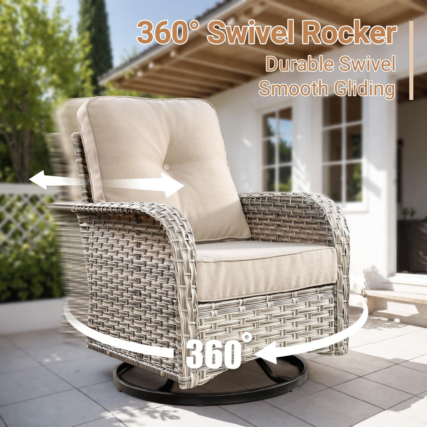 HOOOWOOO Sectional Patio Furniture Set with Fire Pit Table,17 Pieces Wicker Outdoor Furniture L Shaped Couch,Outside Conversation Set Extra Deep Sofa Wide Arm Swivel Chairs Ottoman Solar Light,Beige