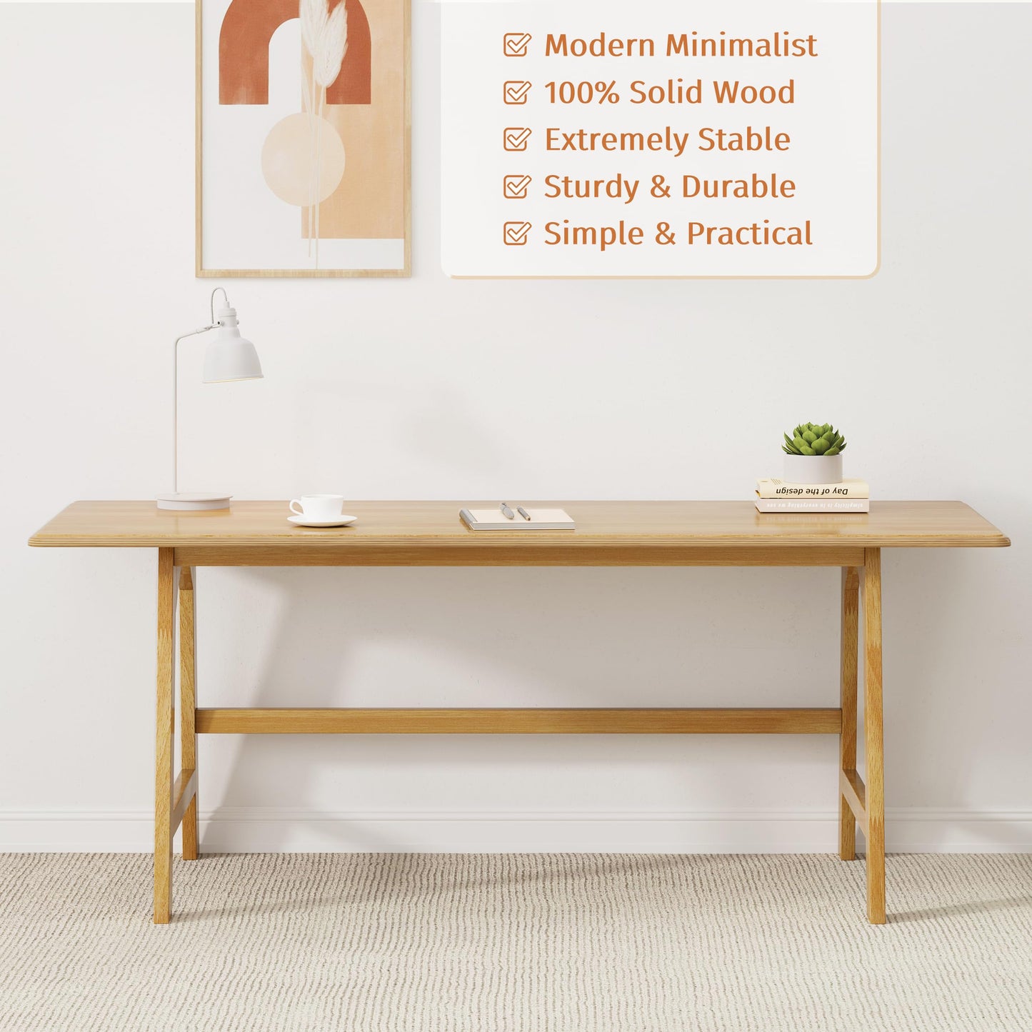 IOTXY Solid Wood Writing Table - 60" W x 24" D Minimalist Computer Desk for Home Office, Work, Study, Creativity, and PC Workstation, Oak