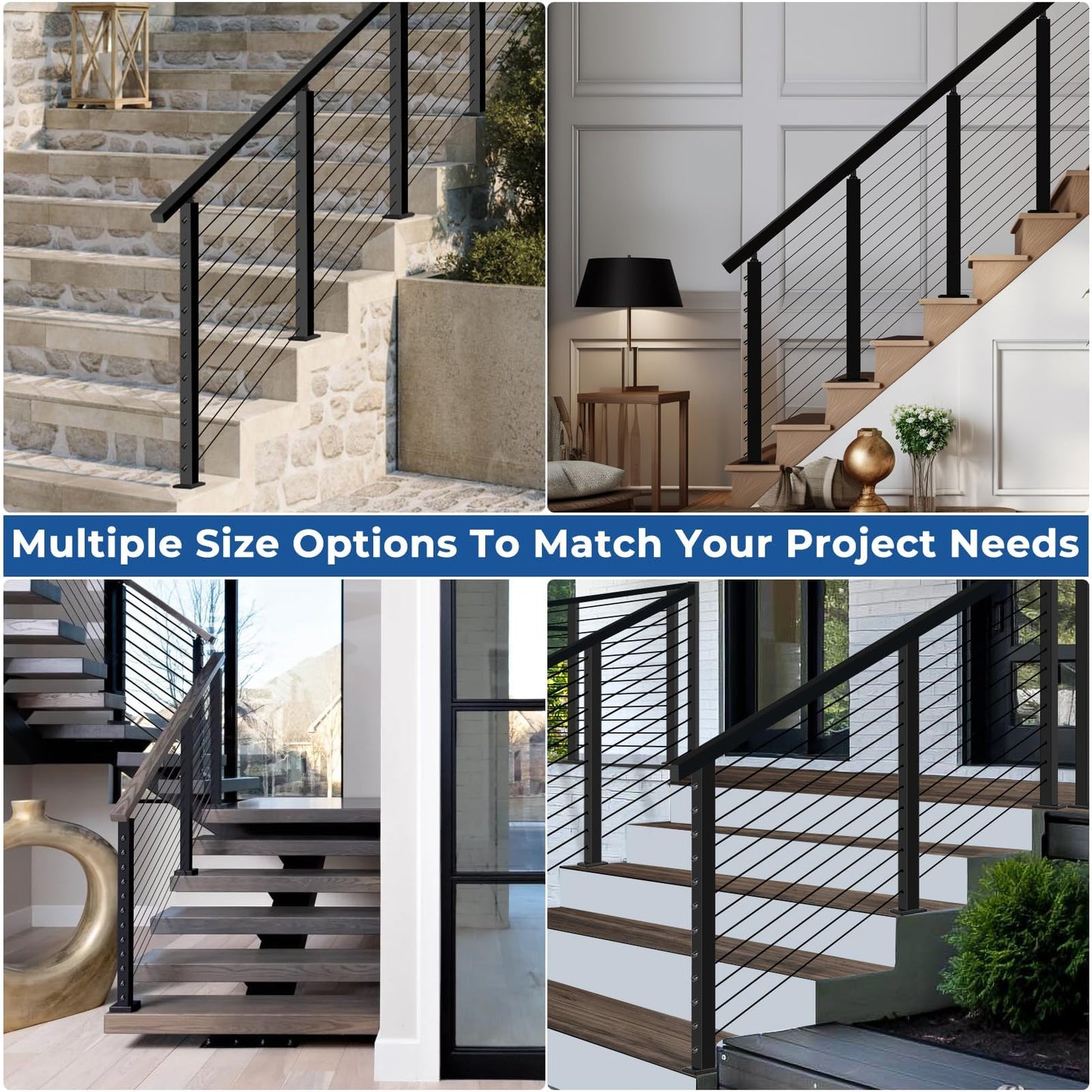 Zylorix 4ft-8ft Complete Set 33° Drilled Cable Railing System 42" with Handrail Cuttable, T304 Stainless Steel Black Angle Cable Railing Posts Kit with 1/8" Cable Railing Hardware for 28-38° Step