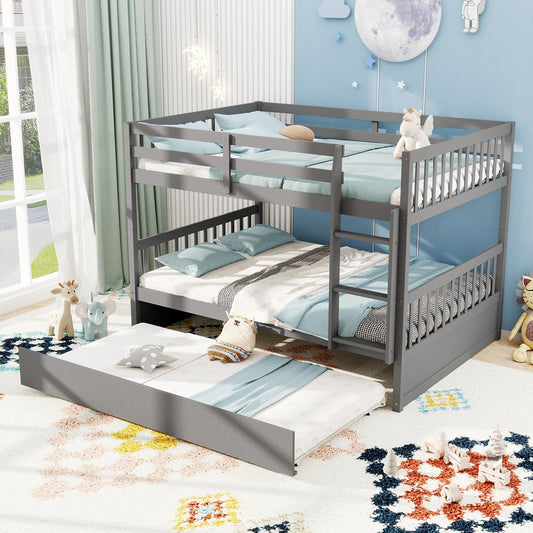 Giantex Full Over Full Bunk Bed with Trundle, Solid Wood Trundle Bed Frame w/Guardrails and Ladder, Convertible to 2 Beds, Full Size Bunk Beds for Adults Kids Teens, No Box Spring Needed, Grey