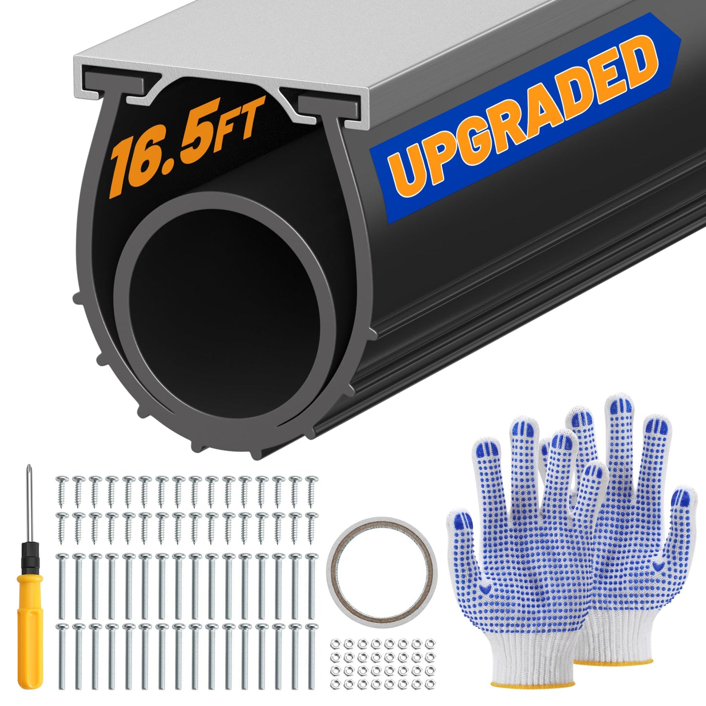 Bamgoten Garage Door Bottom Seal, 16.5FT Heavy-Duty Garage Door Seal with Aluminum Track Retainer Kit, Durable Universal U+O Ring Weather Stripping Rubber Simple Installation Black