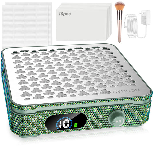 Nail Dust Collector | 1000PA Gel Nail Dust Collector | 10 Speed Levels | Low Noise & Strong Suction | Reusable Filter, 10 Pads + Nail Dust Brush | for Acrylic Nails, Salon & Home - Dark Green Diamond