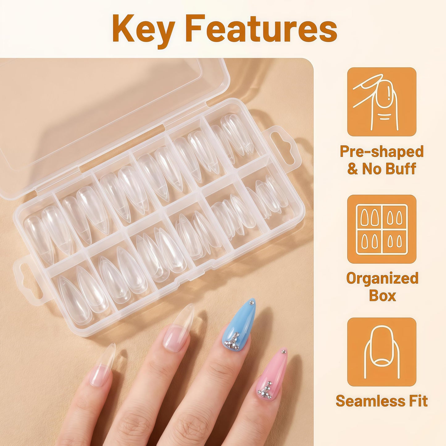AKA Unicorn Long Stiletto Nail Tips, Full Cover Soft Gel Nail Tips, Clear Press On Nail Extensions for Home Salon DIY 12 Sizes
