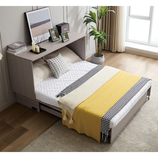 KEIKI Murphy Bed Cabinet Queen - Foldable Wall Bed with Foam Mattress, 2 Large Storage Drawers & USB Charging Station, Space Saving Furniture for Guest Room, Bedroom, Office, Living Room, Grey