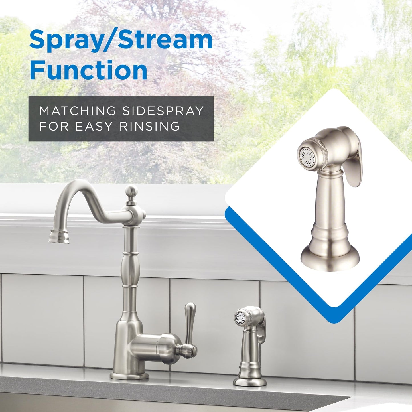 Gerber Opulence Kitchen Faucet with Side Spray - Farmhouse Style, Single Handle, Heavy-Duty Brass Construction, 2-Hole Installation in Stainless Steel, D401157SS