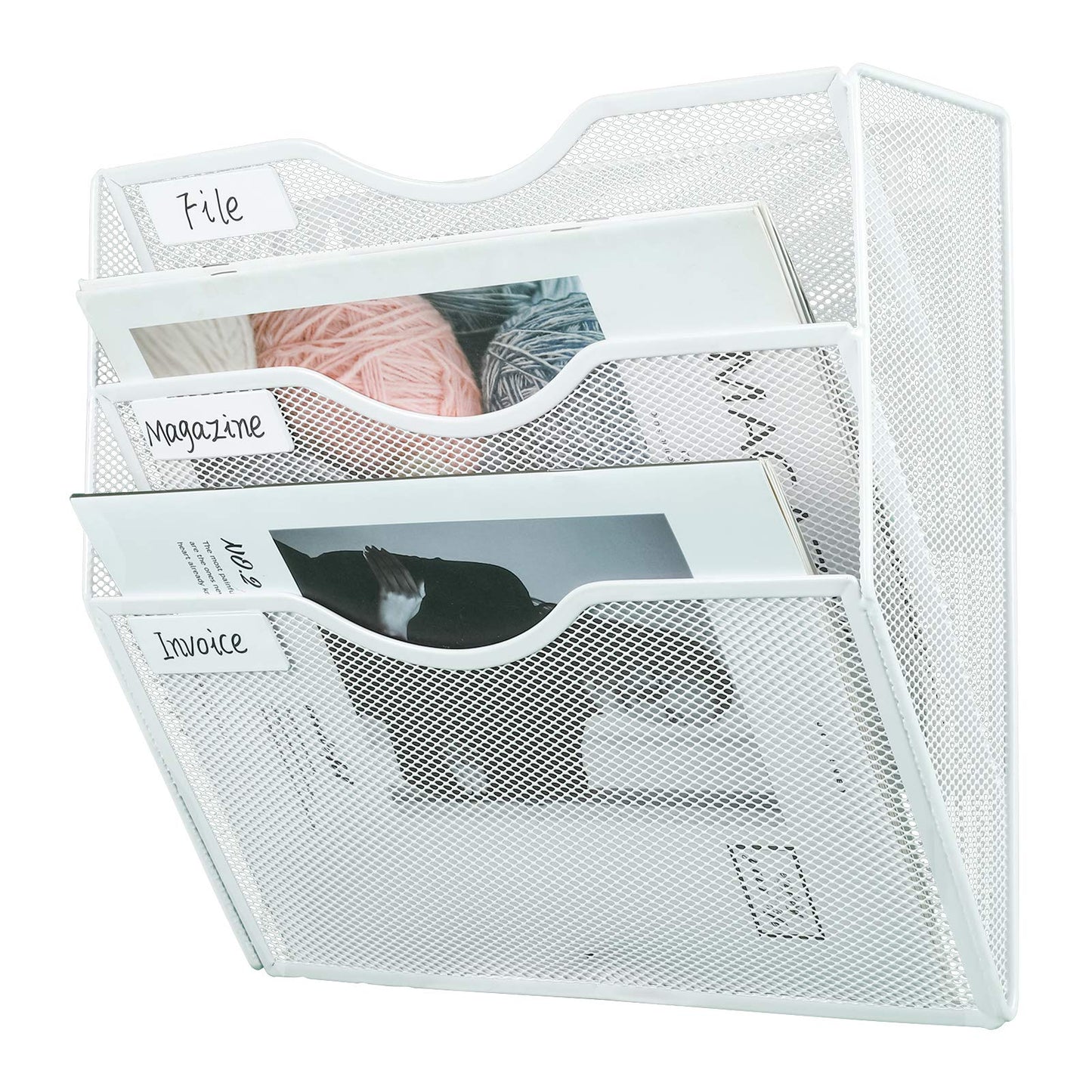 PAG Hanging Wall File Holder Mail Organizer Wall Mount Document Letter Rack, 3-Tier, White