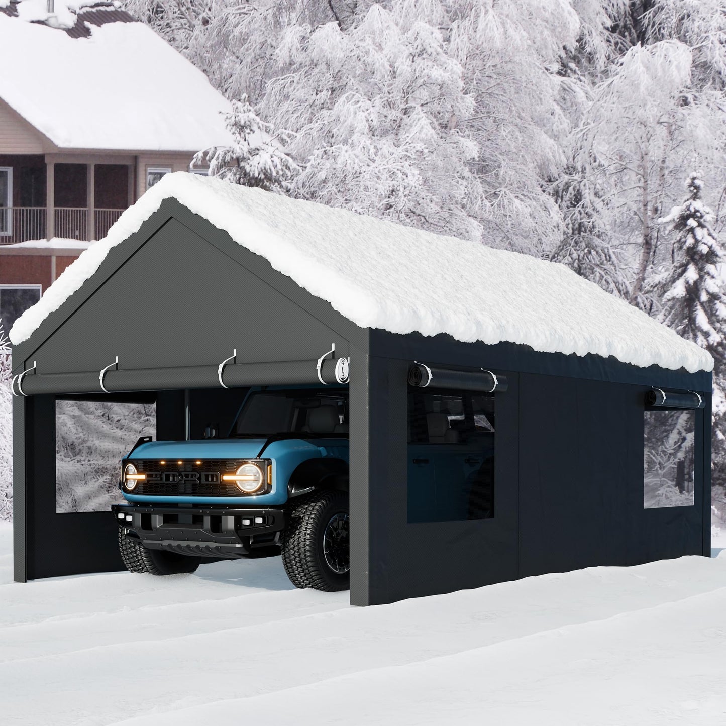 Walsunny Carport, 12x20 ft Heavy Duty Carport Canopy with Roll-up Windows, Portable Garage with Removable Sidewalls & Doors, Car Canopy with All-Season Tarp for Car, Truck, Boat