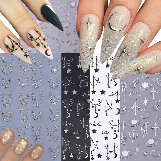 6 Sheets Star Nail Stickers for Nail Art, 3D Self-Adhesive Nail Decals, Moon Butterfly Nail Supplies Nail Art Design Accessories for Women Girls Manicure DIY Decoration