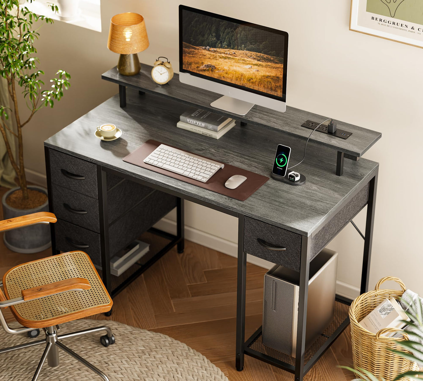 Huuger 47 inch Computer Desk with 4 Drawers, Gaming Desk with LED Lights & Power Outlets, Home Office Desk with Large Storage Space for Bedroom, Work from Home, Grey