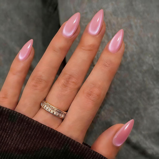 SXVME Cat Eye Dark Pink Press On Nails Medium Almond Shaped - 30 Pcs Stiletto Fake Nails Acrylic Press ons, Natural Fit, Opaque Glitter Chrome Gel Nails Stick on, Soft Gel Glue on Nails for Women