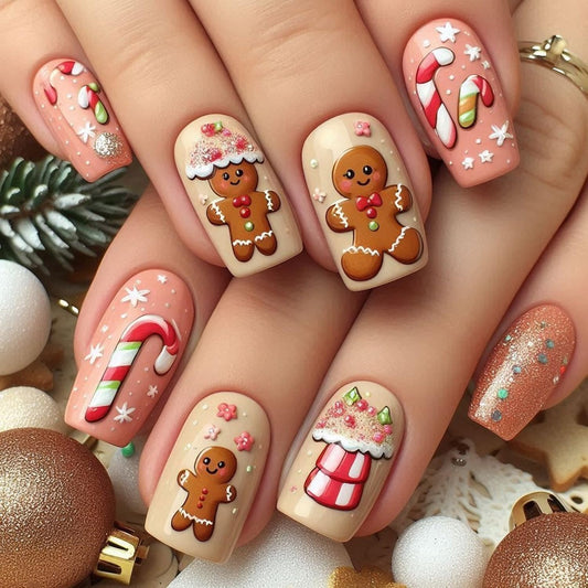 Christmas Cute Cartoon Press on Nails Short Square Fake Nails with House Snowflake Flower Gingerbread Man Designs Acrylic False Nails Xmas Winter Glue on Nails for Women and Girls 24Pcs