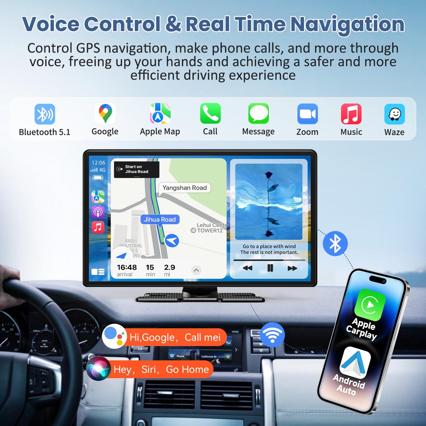 Largest 11.3" Portable Apple Carplay Screen, Wireless Car Play & Android Auto Touch Screen, Car Stereo with App View/4K Dash Cam/Backup Camera/Mirror Link/Voice Control/Music Play/GPS/Bluetooth/FM