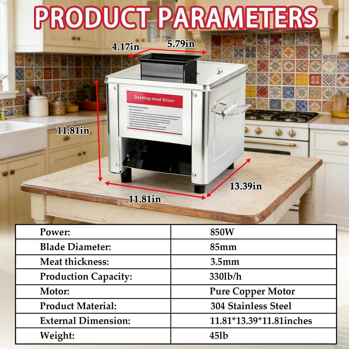 850W Meat Cutter Machine, 3.5mm Electric Meat Slicer Shredded Cutting Machine, Stainless Steel, 330 lb/h, Suitable for Boneless Meat, 3-in-1 Slicing,Stripping,and Cubing, Home & Commercial Use,110V