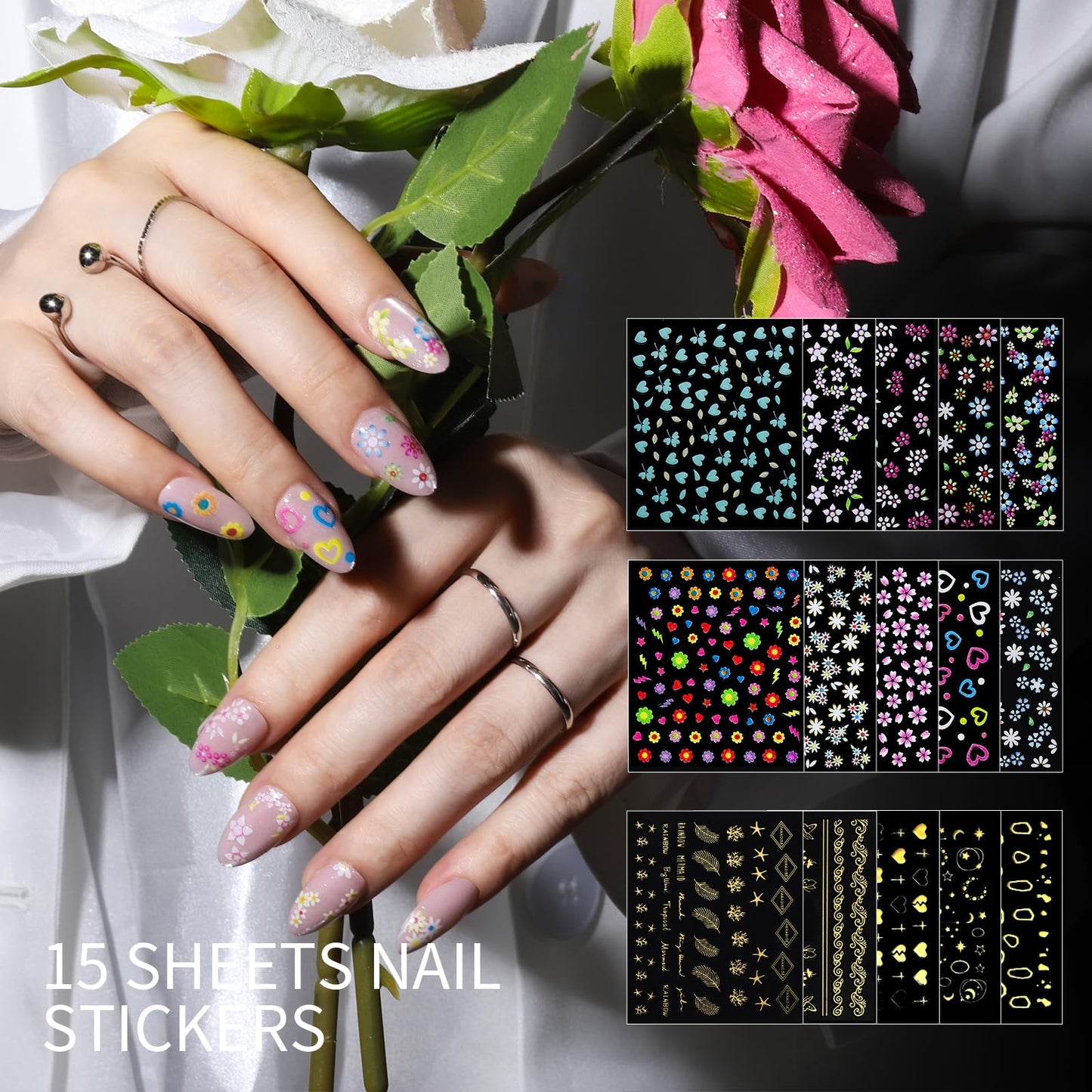 Teenitor Nail Charms and Gems Nail Art Tools, 6 Boxes 3D Nail Gems with 15 Sheets Nail Stickers for Nail Art, Flower Nail Stickers Nail Rhinestones Nail Supplies, Nail Pearls Nail Stuff Nail Decor