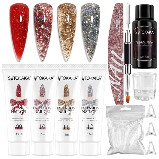 SUTOKAKA Poly Gel Nail Starter Kit Festive 4 Colors Glitter Sequins Polygel Extension Set with Slip Solution Dual Nail Forms Manicure Tools for Women Christmas New Year DIY Design