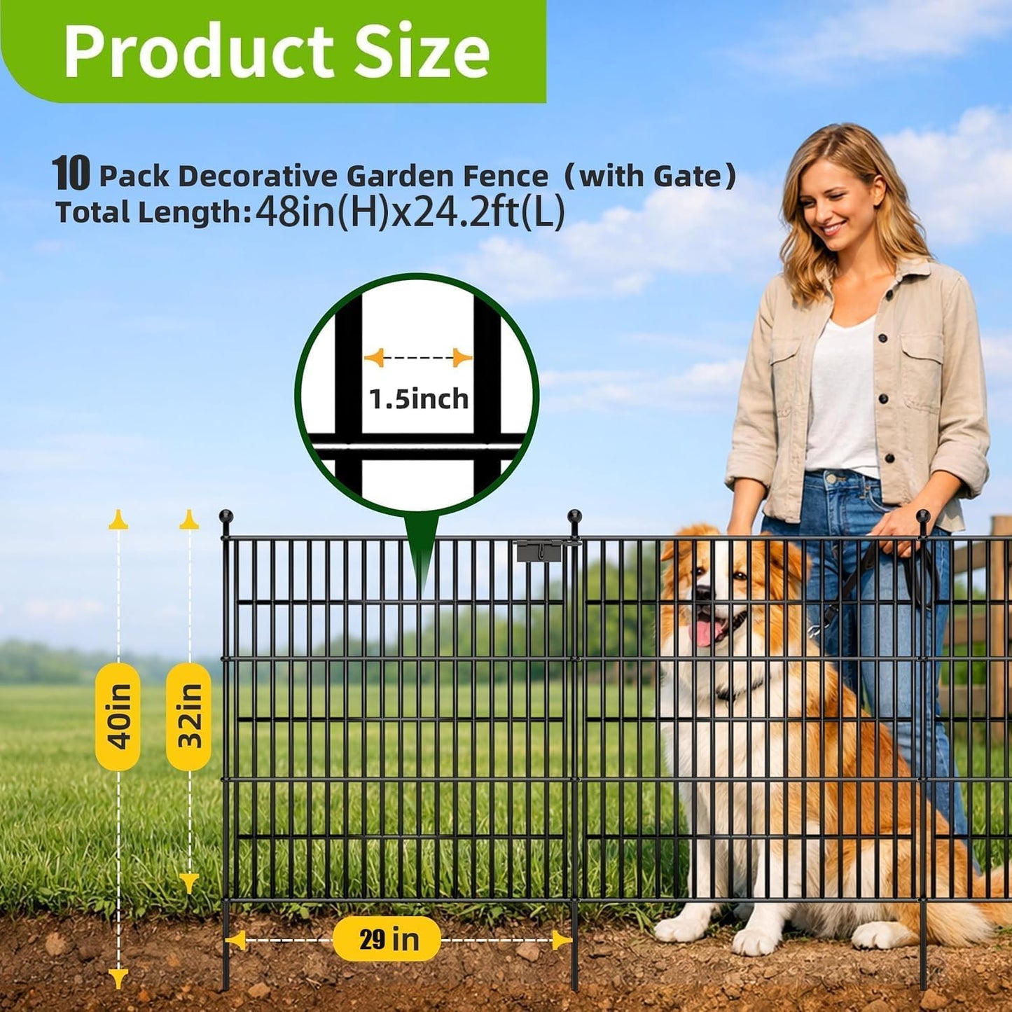 Toolterritary 10 Panels No Dig Garden Fence with Gate, 40 in(H) X 24.2 ft(L) Metal Fence Panels, Thickened Rustproof Garden Fencing, Animal Barrier Fence for for Dogs, Rabbits, Landscape, Patio