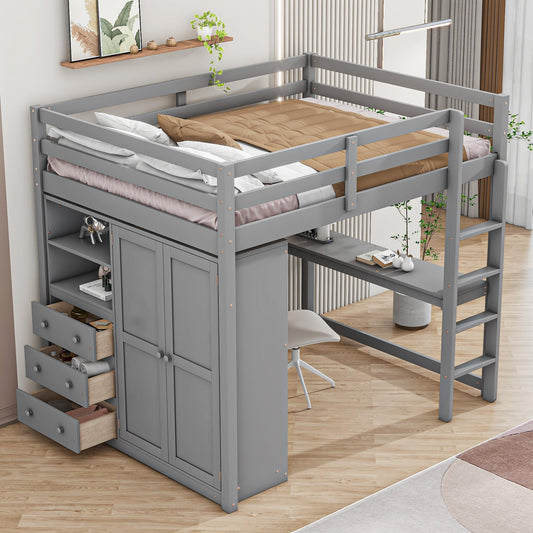 Full Size Loft Bed Frame with Built-in Wardrobe, Desk, Storage Shelves and Drawers, Wood Slat Support