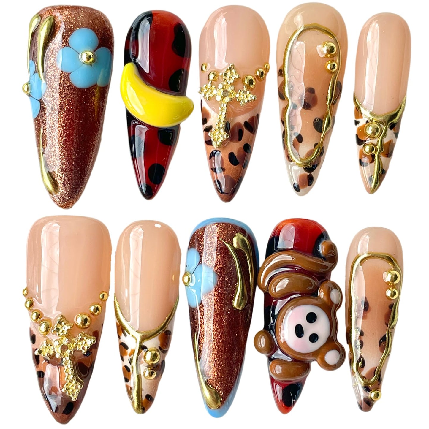 Handmade Press on Nails Cute 3D hand-crafted Monkey & Banana, Leopard Print Design - Long Stiletto Shape Reusable False Nails, Fun Animal Themed Nail Art (Pawky Monkey, M)