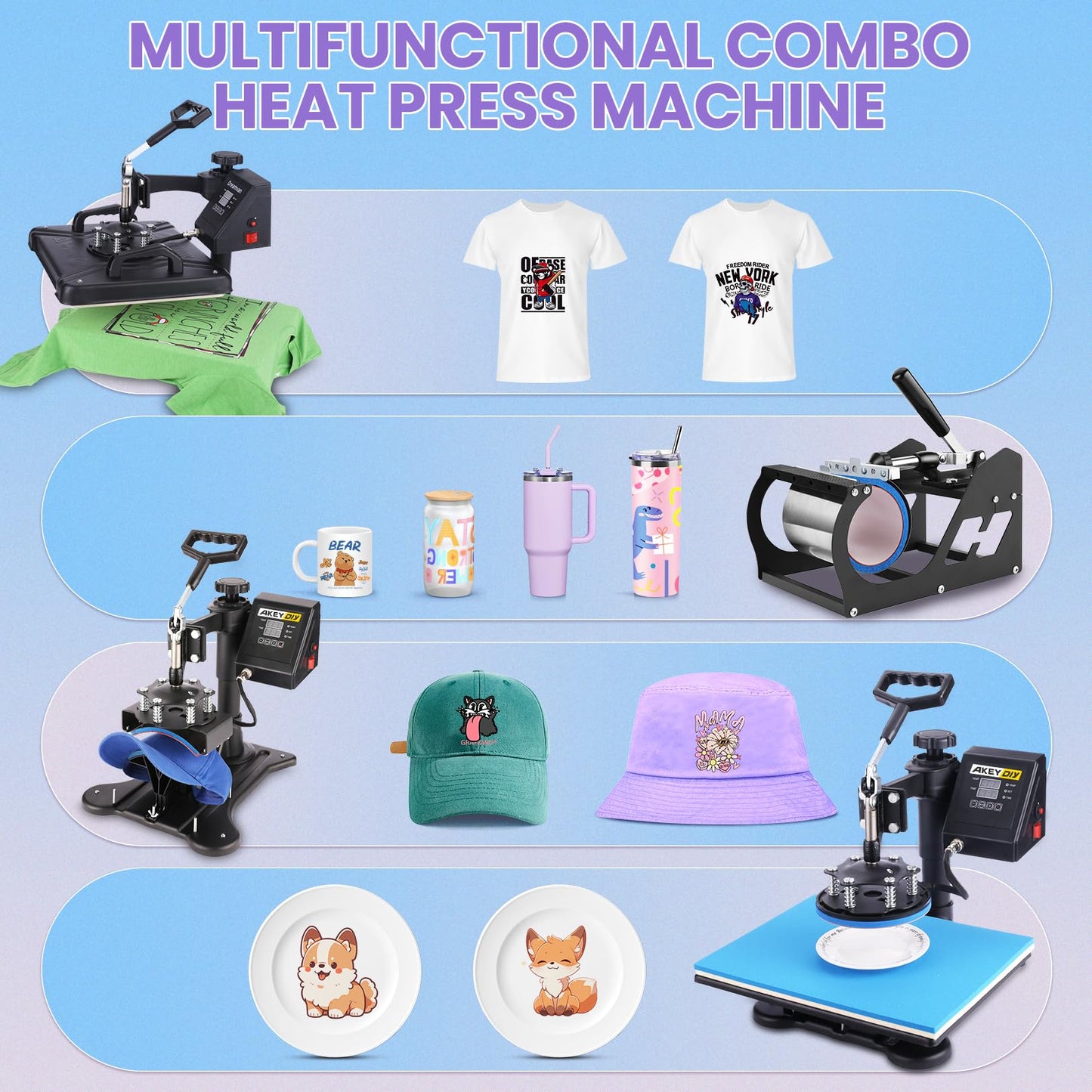 Heat Press Machine for Tshirts, 8 in 1 Heat Transfer Machine, 12" X 15" Heat Printing Press for Sublimation Combo with 360 Degree Rotation Swing Away for T-Shirt Hat Cap Mug Plate, Blue Black