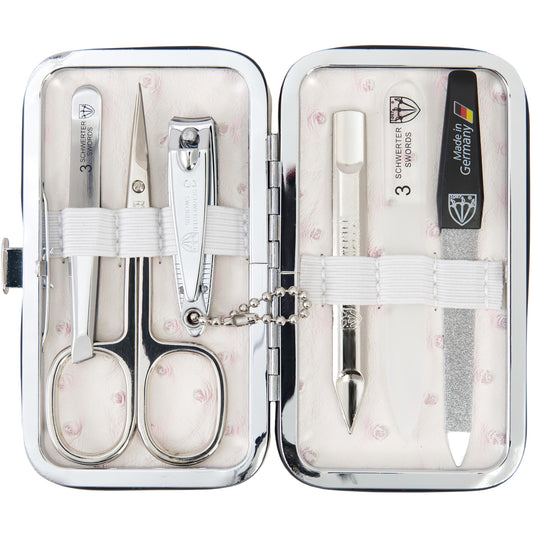 3 Swords Germany - Brand Quality 6 piece Manicure Pedicure Grooming kit Set - Scissors, Metal and Glass Nail File, Clipper, Tweezers with Synthetic Leather case - Ostrich