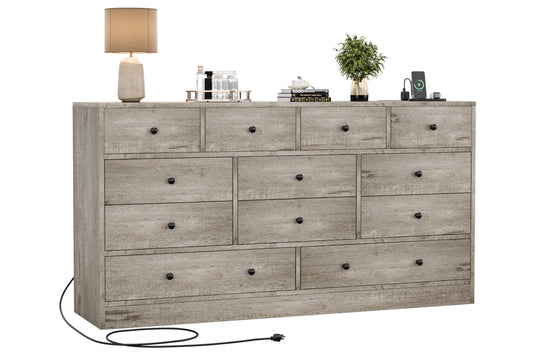 Hetoy 12 Drawer Wooden Dressers with Charging Station – Gray Wood Chest of Drawers for Bedroom, Closet, Living Room, 61" Wide TV Stand Dresser, Modern Storage Organizer for Nursery, Hallway