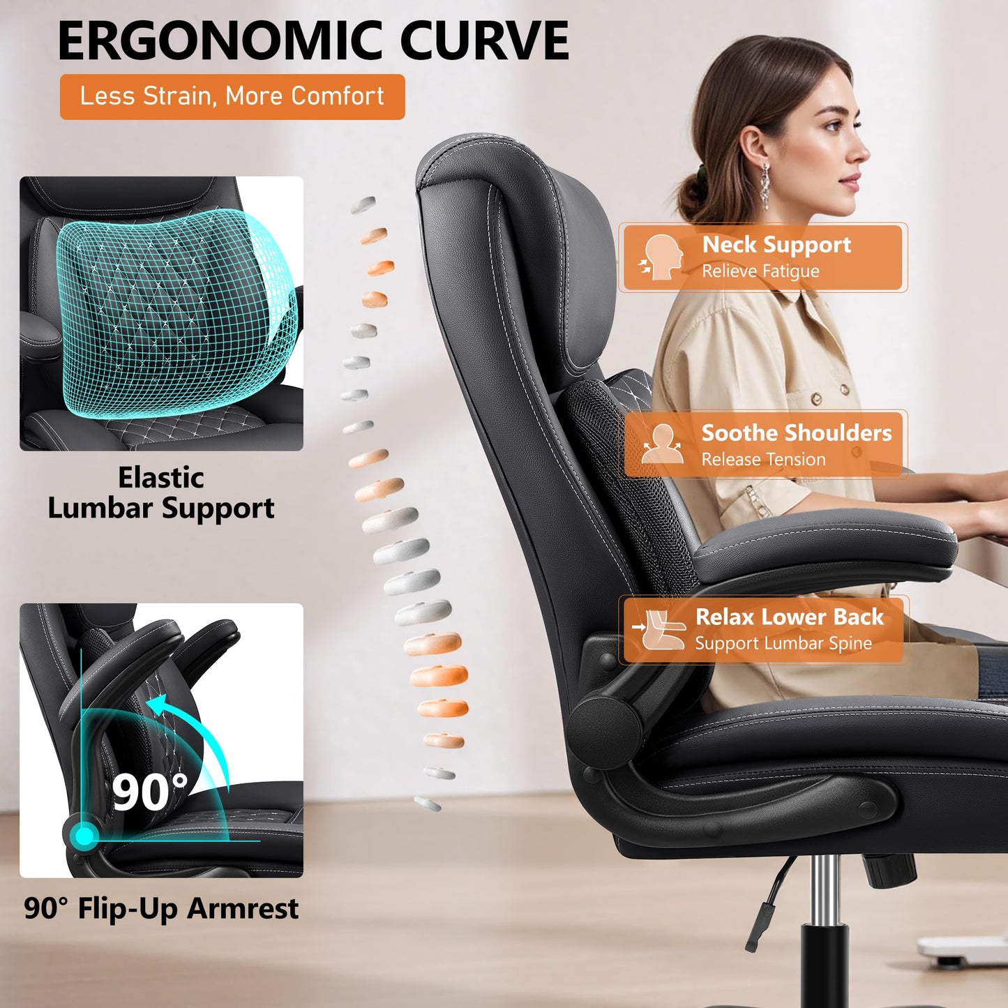 BESTFAIR Office Chair,Ergonomic Office Chair with Lumbar Support for Lower Back Pain Relief, Executive Leather Chair with Padded Flip-up Arms, Wheels and Adjustable Armrests, Black